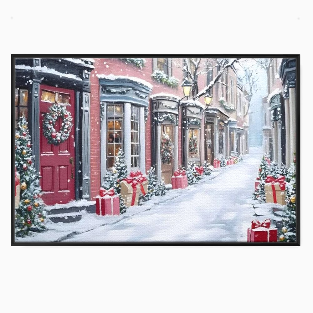 Tablou canvas cu tablou canvas cu strada urbana de iarna, in rama de aluminiu negru