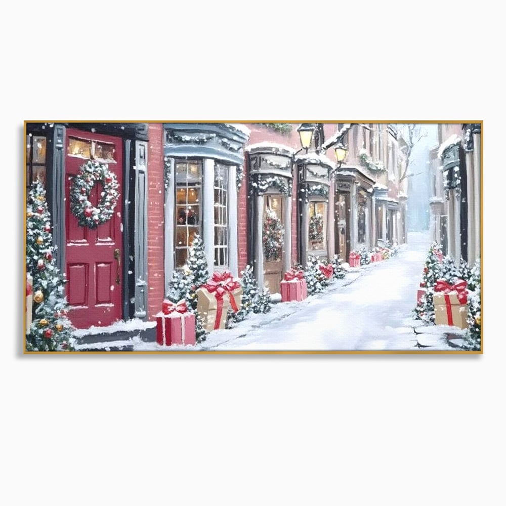 Tablou canvas cu tablou canvas cu strada urbana de iarna, in rama de aluminiu auriu