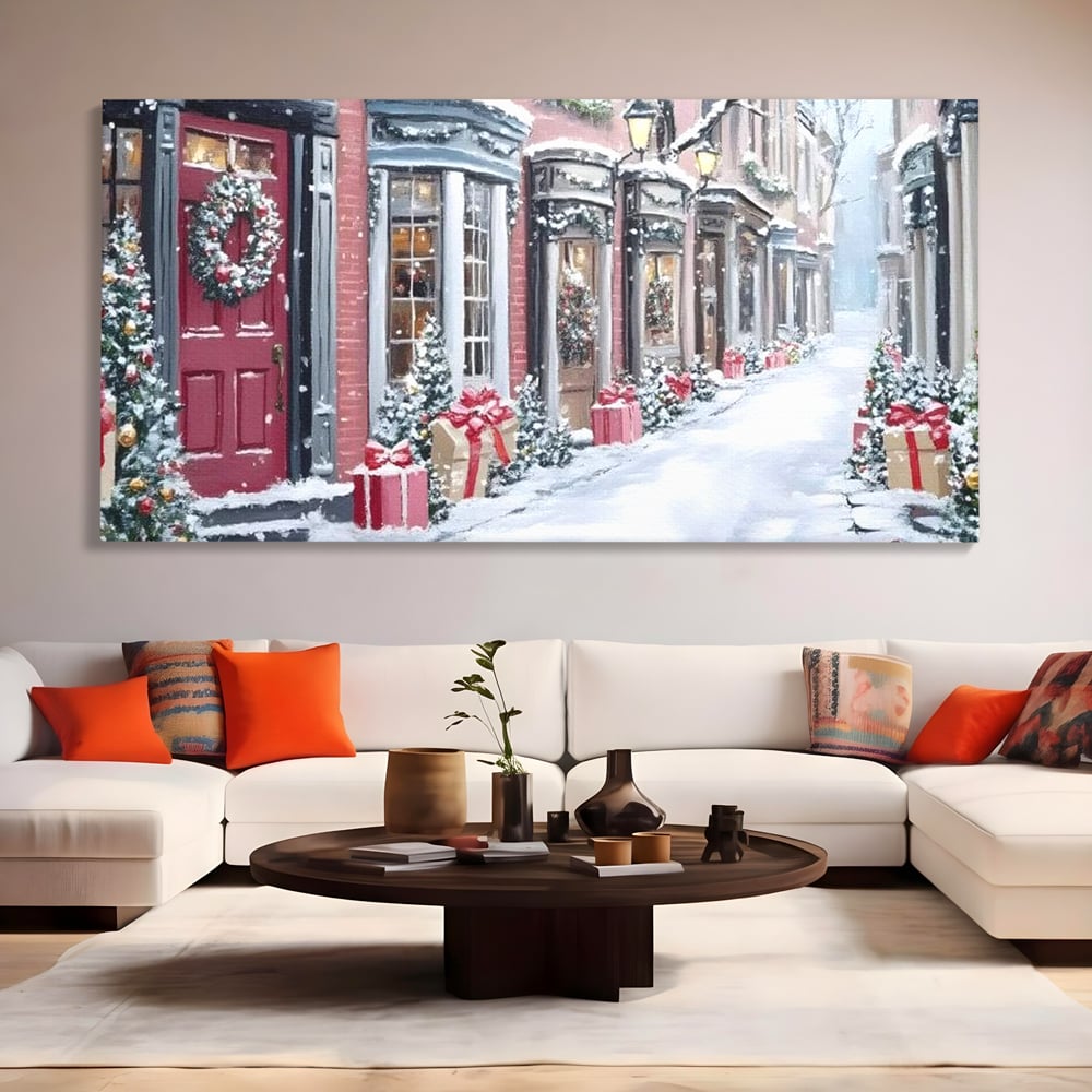 Tablou canvas cu tablou canvas cu strada urbana de iarna, fara rama, pe sasiu de lemn, pe perete intr-un living
