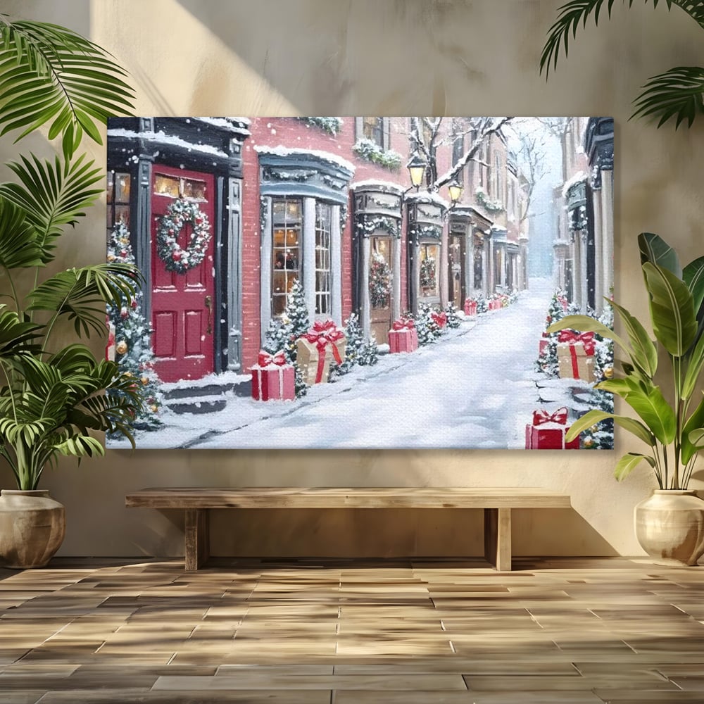 Tablou canvas cu tablou canvas cu strada urbana de iarna, fara rama, pe sasiu de lemn