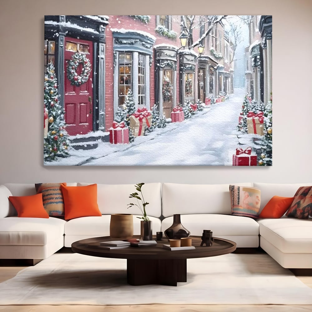 Tablou canvas cu tablou canvas cu strada urbana de iarna, fara rama, pe sasiu de lemn, pe perete intr-un living