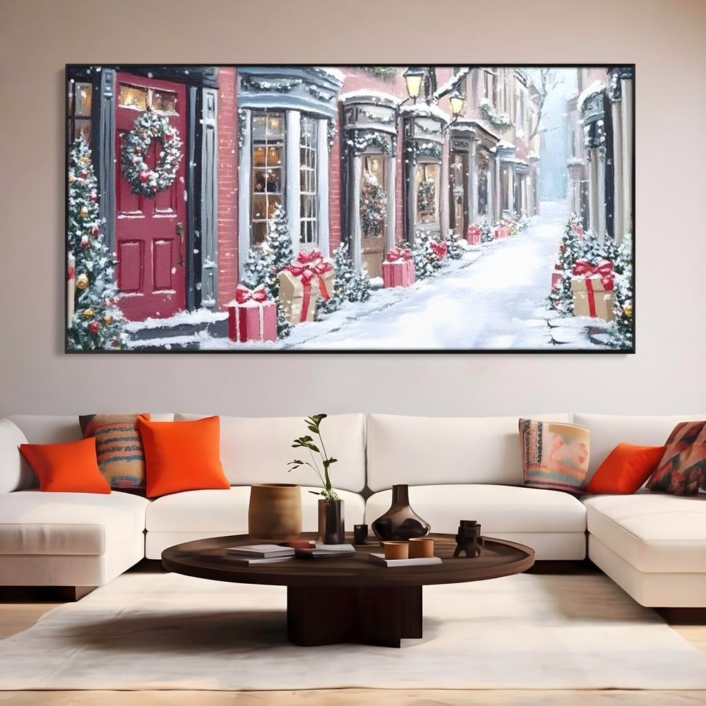 Tablou canvas cu tablou canvas cu strada urbana de iarna, in rama de aluminiu negru, pe perete intr-un living