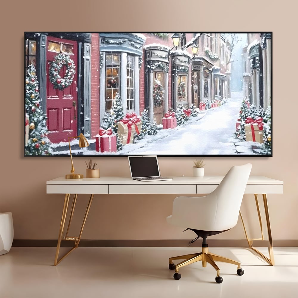 Tablou canvas cu tablou canvas cu strada urbana de iarna, in rama de aluminiu negru, pe perete intr-un birou