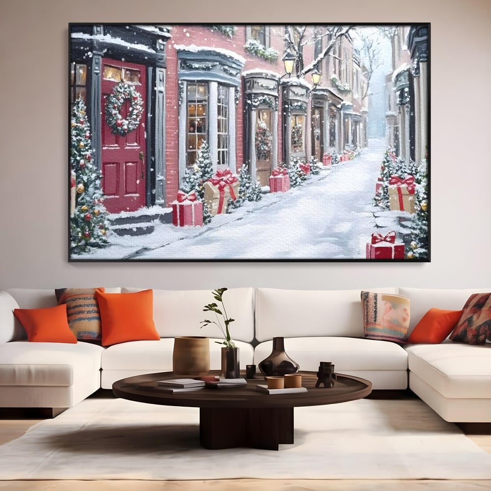 Tablou canvas cu tablou canvas cu strada urbana de iarna, in rama de aluminiu negru, pe perete intr-un living