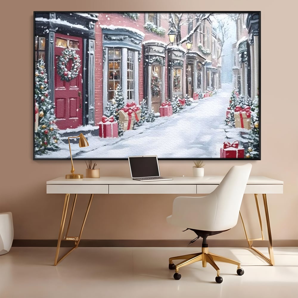 Tablou canvas cu tablou canvas cu strada urbana de iarna, in rama de aluminiu negru, pe perete intr-un birou