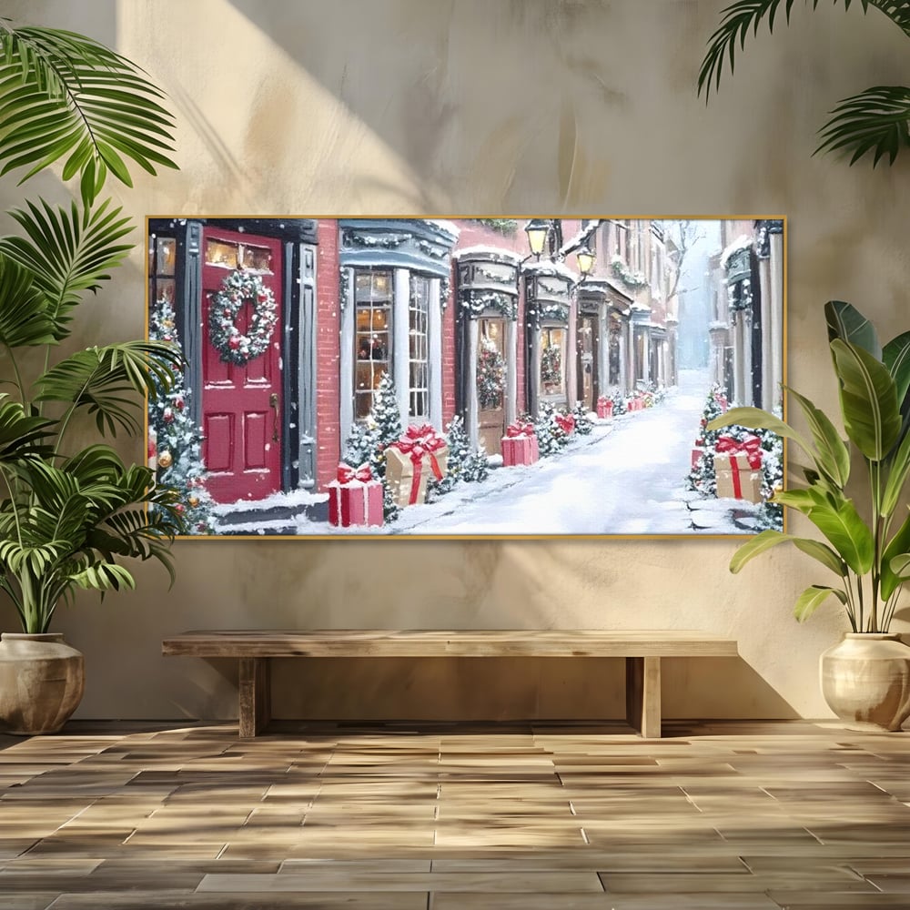 Tablou canvas cu tablou canvas cu strada urbana de iarna, in rama de aluminiu auriu
