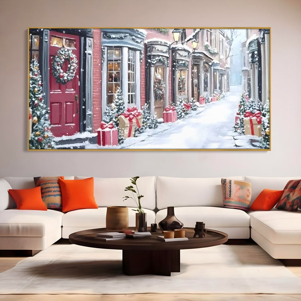Tablou canvas cu tablou canvas cu strada urbana de iarna, in rama de aluminiu auriu, pe perete intr-un living