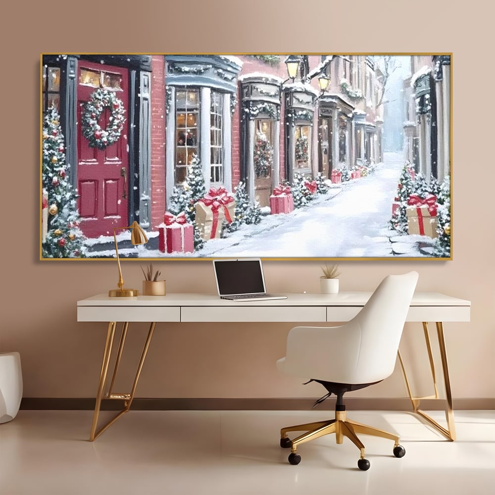 Tablou canvas cu tablou canvas cu strada urbana de iarna, in rama de aluminiu auriu, pe perete intr-un birou