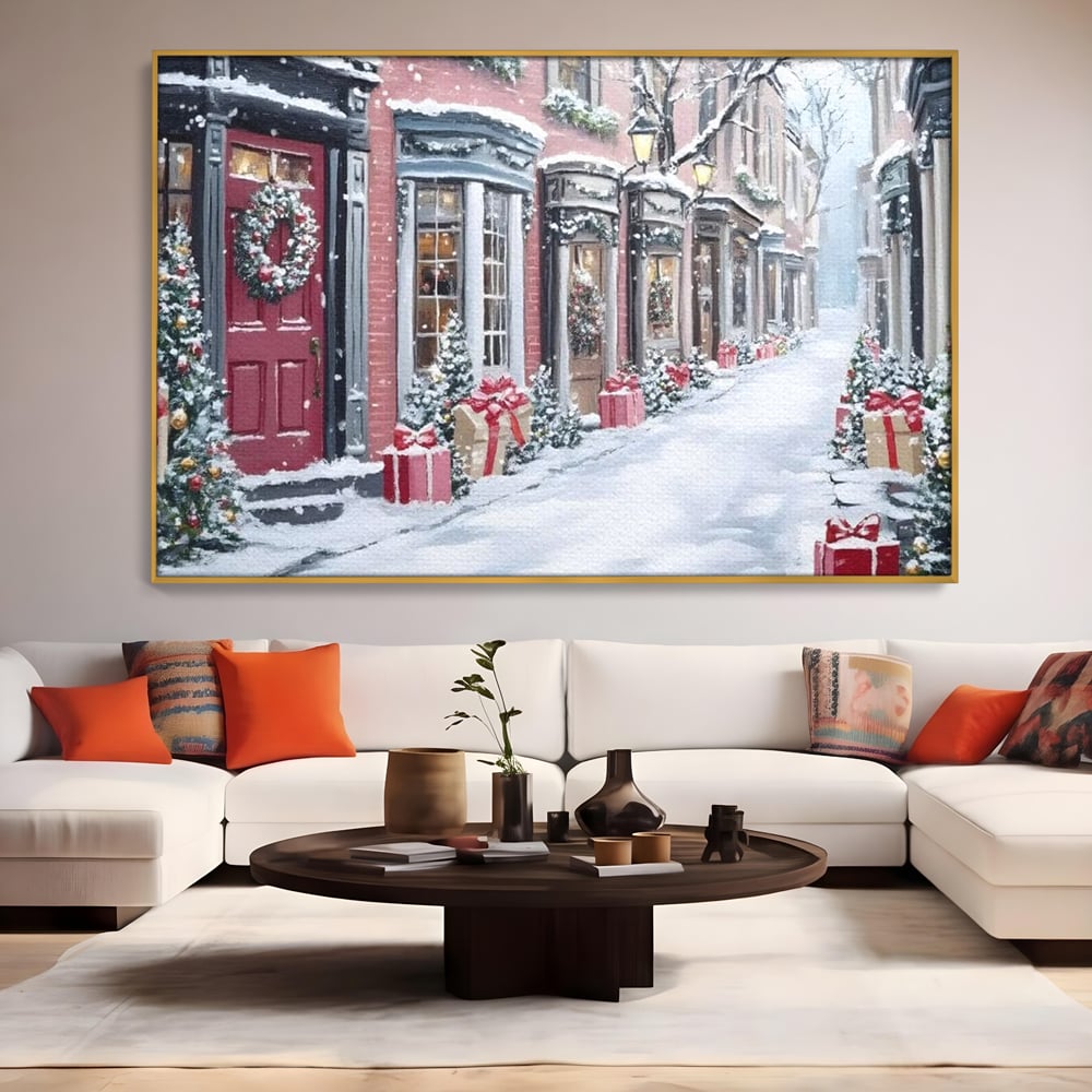 Tablou canvas cu tablou canvas cu strada urbana de iarna, in rama de aluminiu auriu, pe perete intr-un living