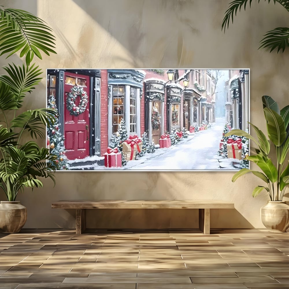 Tablou canvas cu tablou canvas cu strada urbana de iarna, in rama de aluminiu argintiu