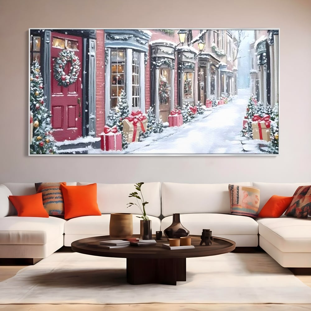 Tablou canvas cu tablou canvas cu strada urbana de iarna, in rama de aluminiu argintiu, pe perete intr-un living