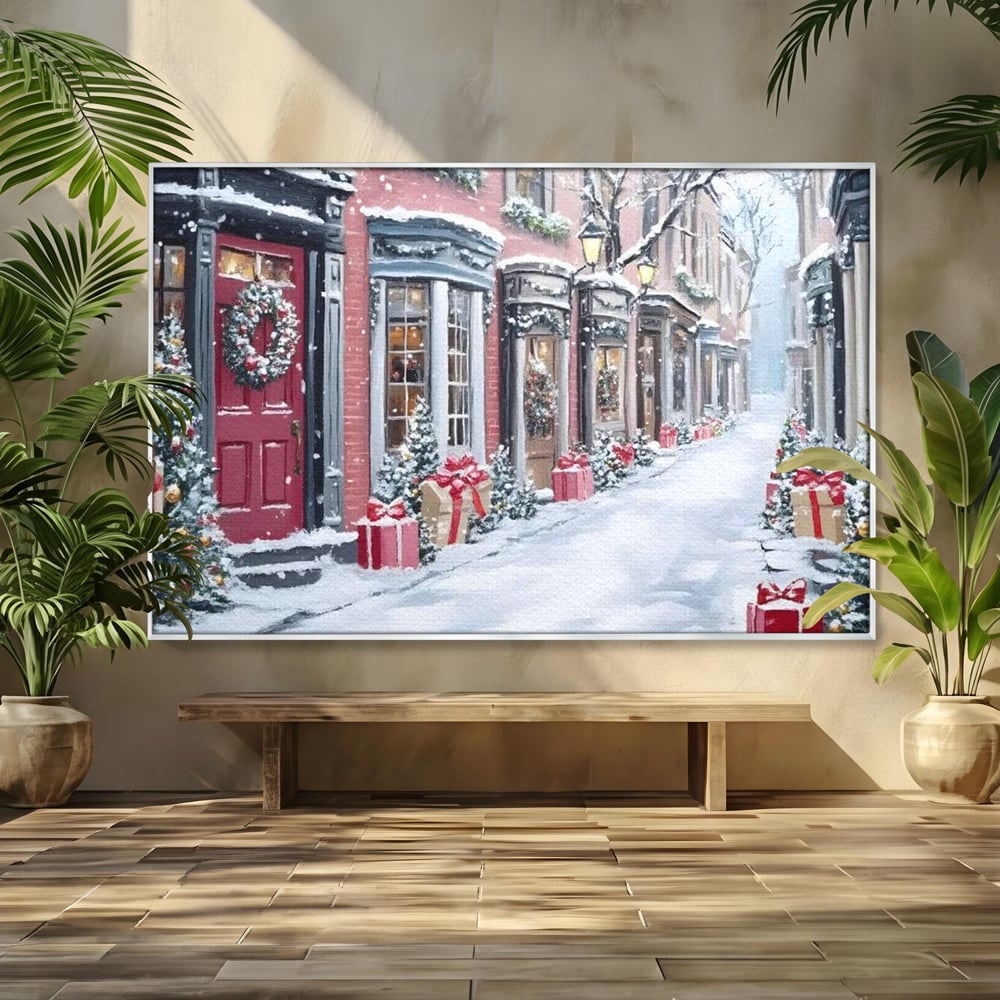 Tablou canvas cu tablou canvas cu strada urbana de iarna, in rama de aluminiu argintiu