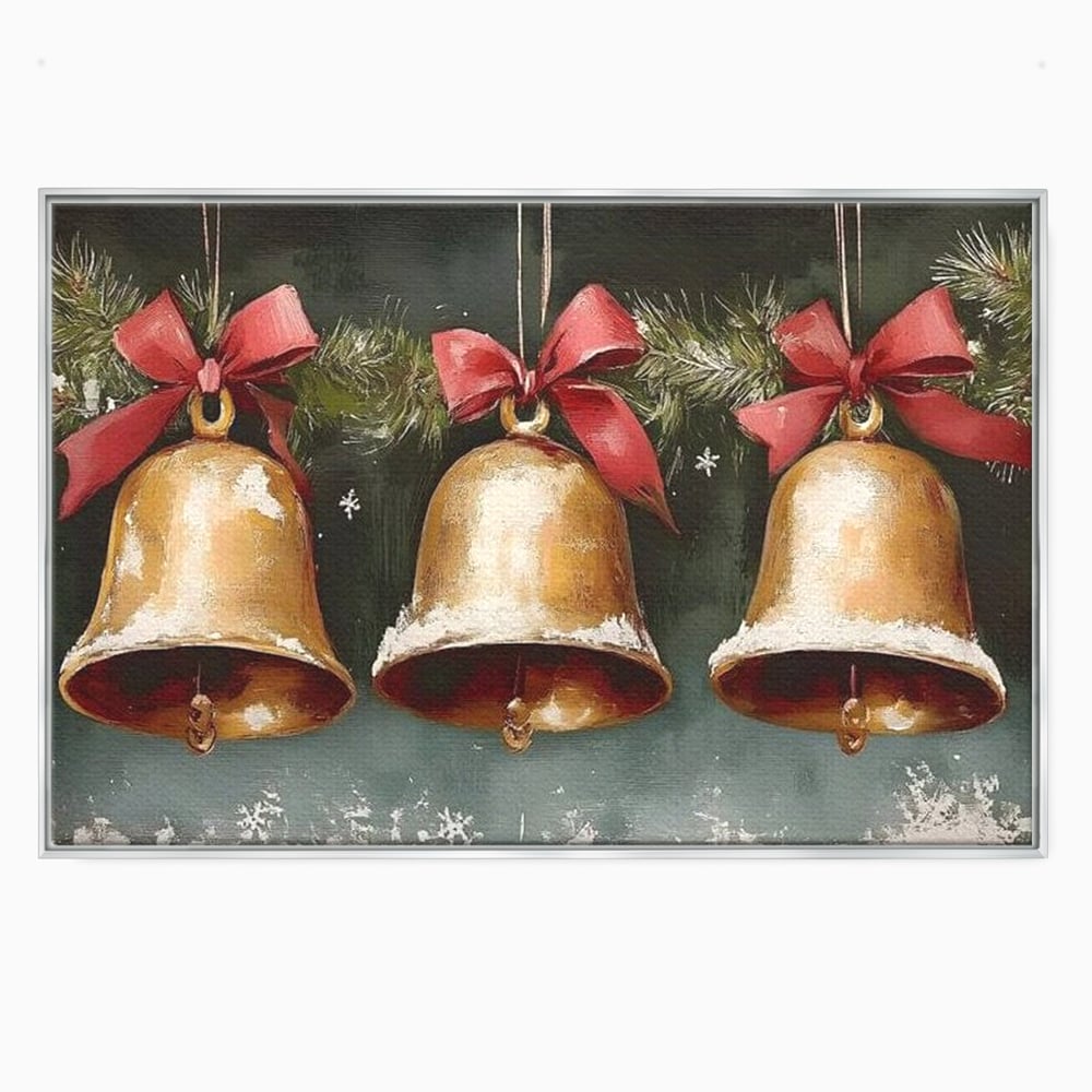 Tablou canvas cu pictura cu clopote aurii de craciun, in rama de aluminiu argintiu