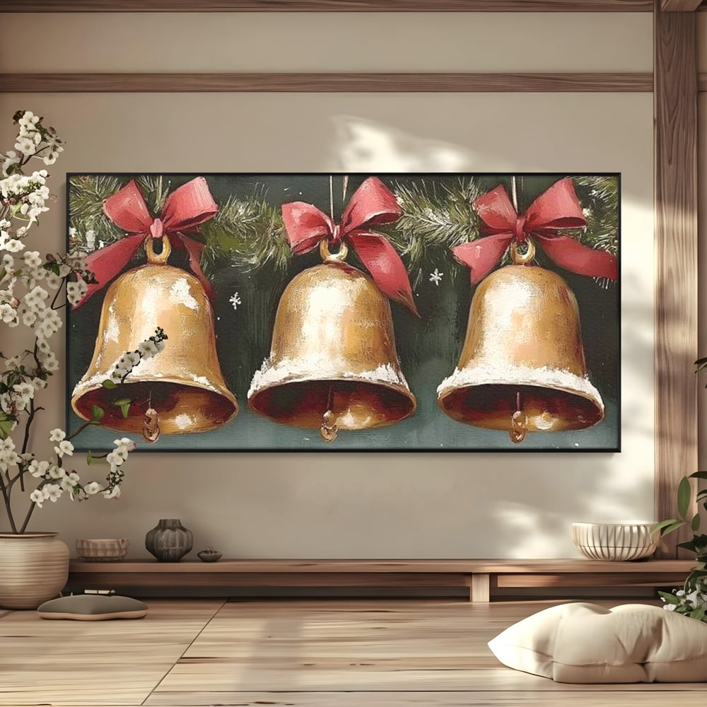 Tablou canvas cu pictura cu clopote aurii de craciun, in rama de aluminiu negru
