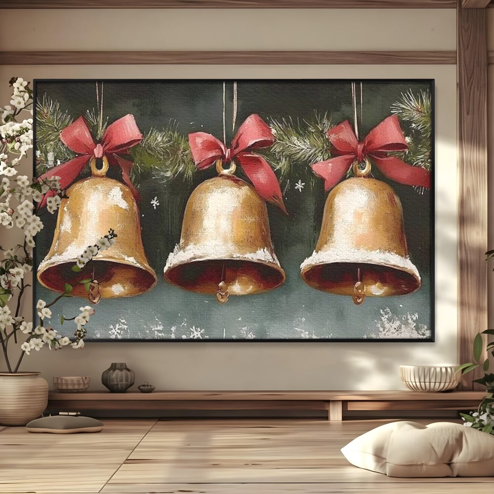Tablou canvas cu pictura cu clopote aurii de craciun, in rama de aluminiu negru
