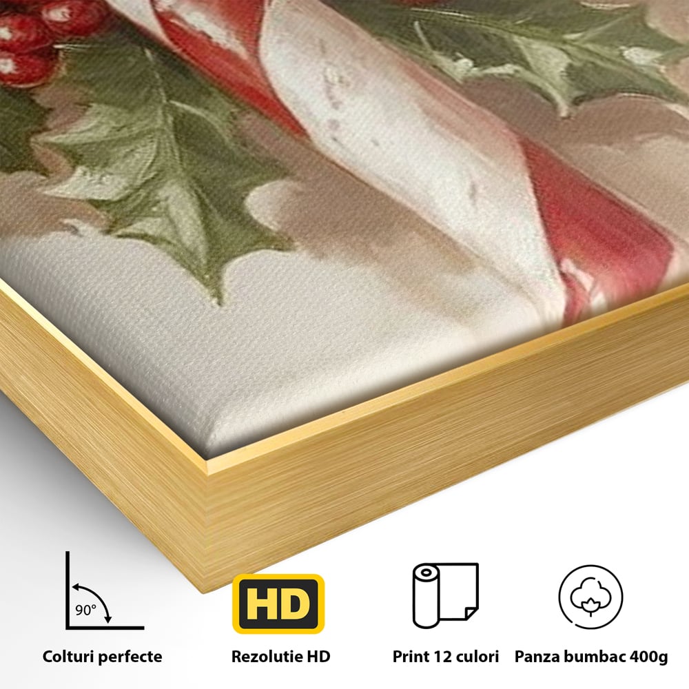 Detaliu al suprafetei: pictura cu baston de zahar si frunze, in rama de aluminiu auriu