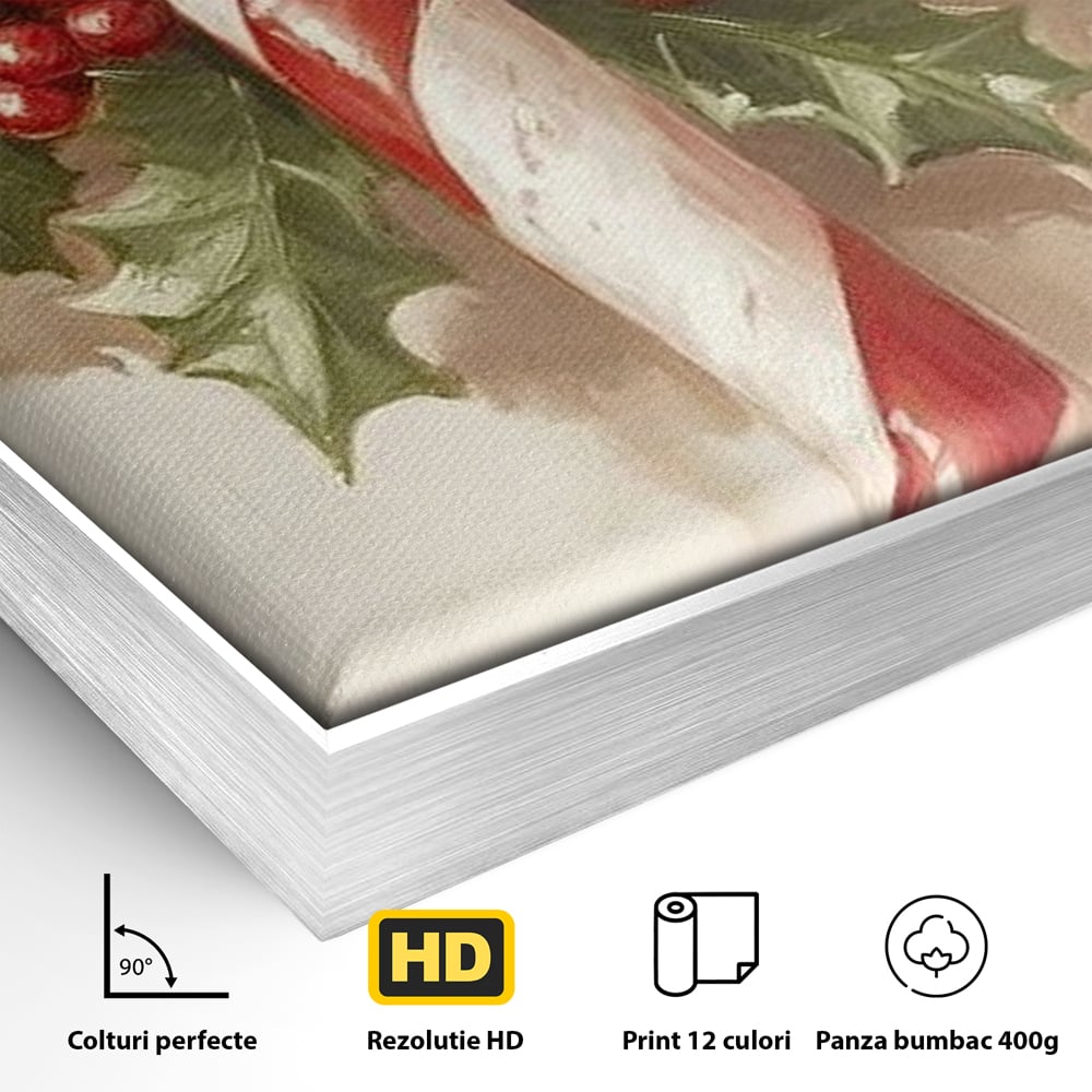 Detaliu al suprafetei: pictura cu baston de zahar si frunze, in rama de aluminiu argintiu