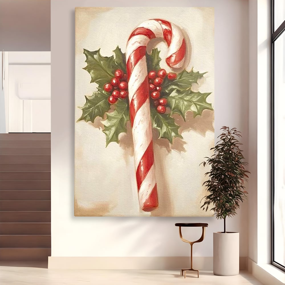 Tablou canvas cu pictura cu baston de zahar si frunze, fara rama, pe sasiu de lemn