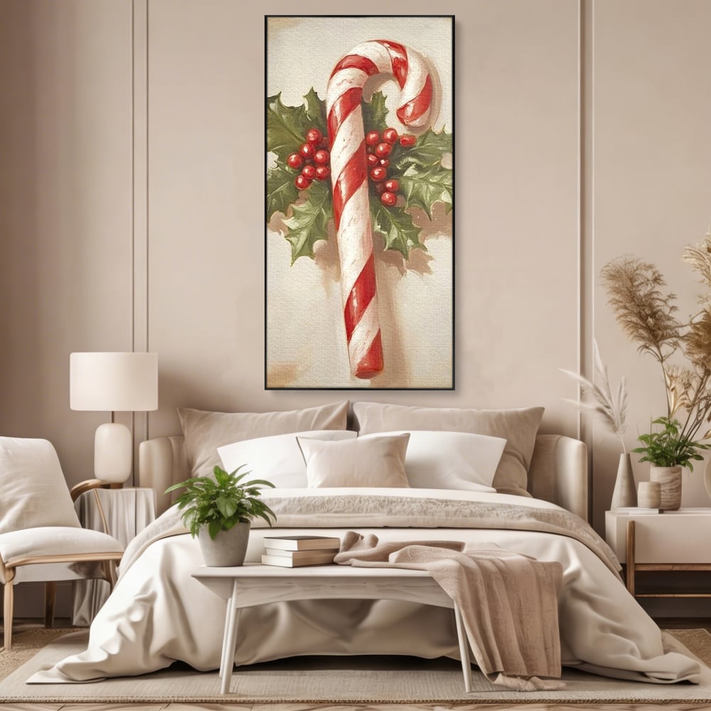 Tablou canvas cu pictura cu baston de zahar si frunze, in rama de aluminiu negru, pe perete intr-un dormitor