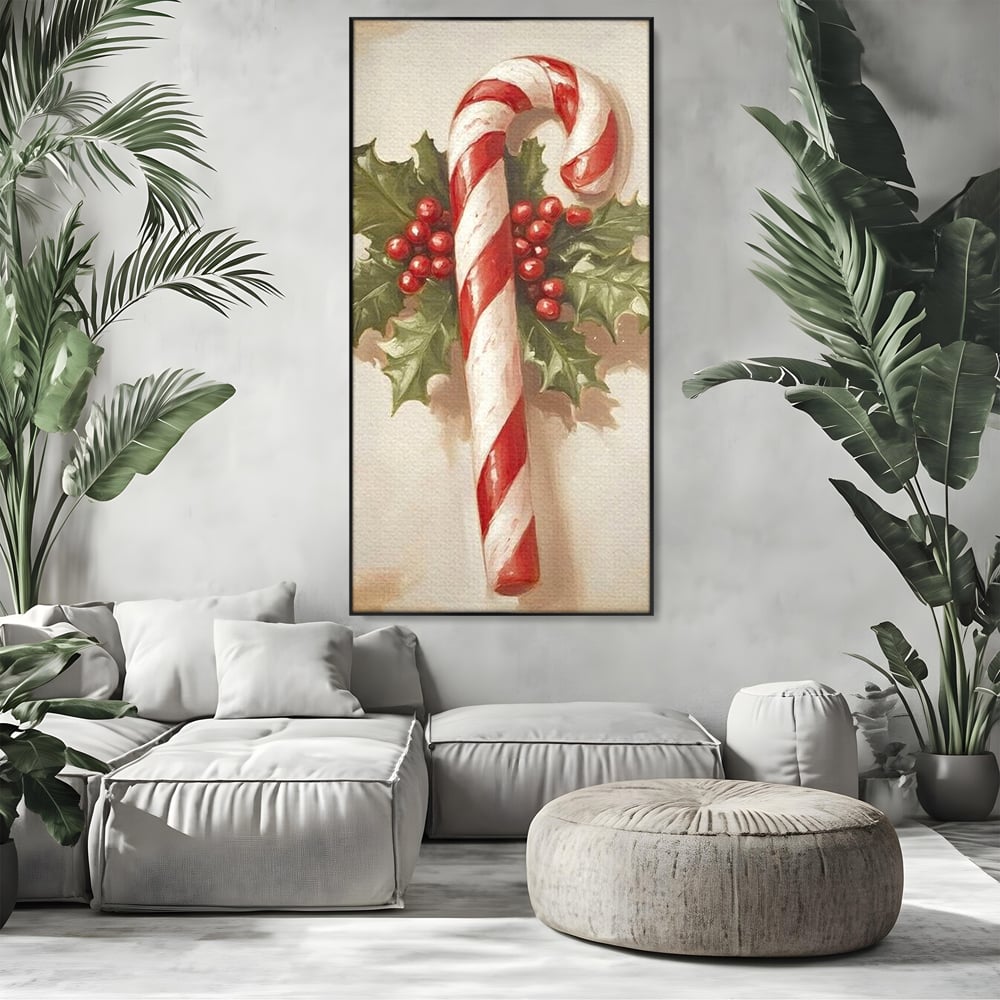 Tablou canvas cu pictura cu baston de zahar si frunze, in rama de aluminiu negru, pe perete intr-un living