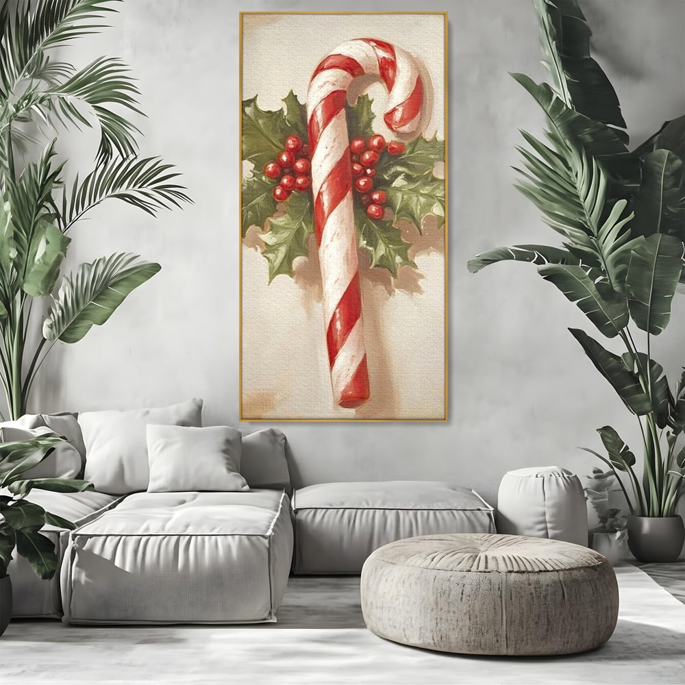 Tablou canvas cu pictura cu baston de zahar si frunze, in rama de aluminiu auriu, pe perete intr-un living