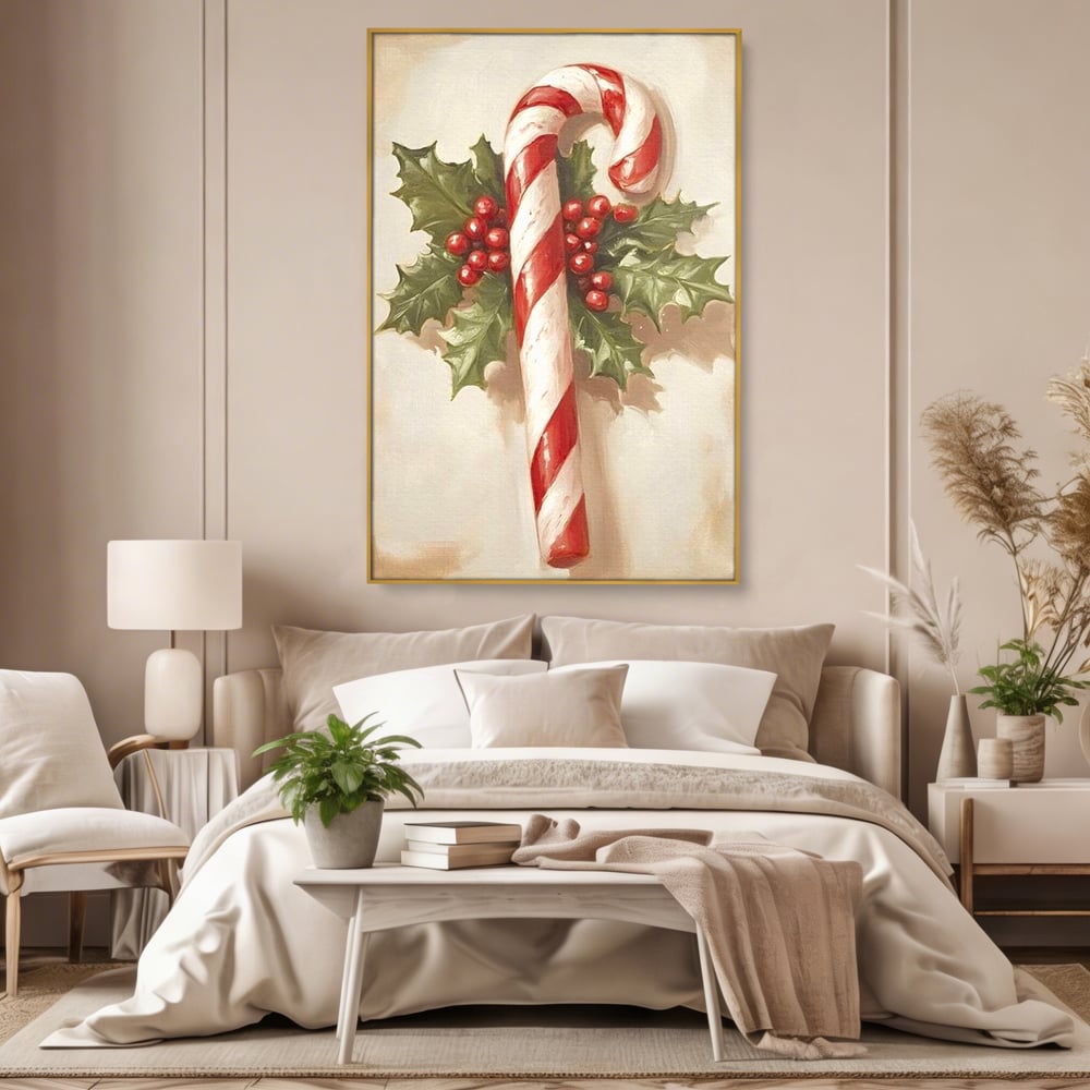 Tablou canvas cu pictura cu baston de zahar si frunze, in rama de aluminiu auriu, pe perete intr-un dormitor