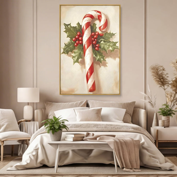Tablou canvas cu pictura cu baston de zahar si frunze, in rama de aluminiu auriu, pe perete intr-un dormitor