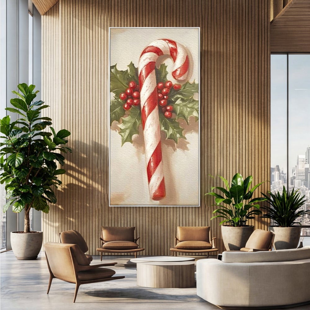 Tablou canvas cu pictura cu baston de zahar si frunze, in rama de aluminiu argintiu, pe perete intr-un birou
