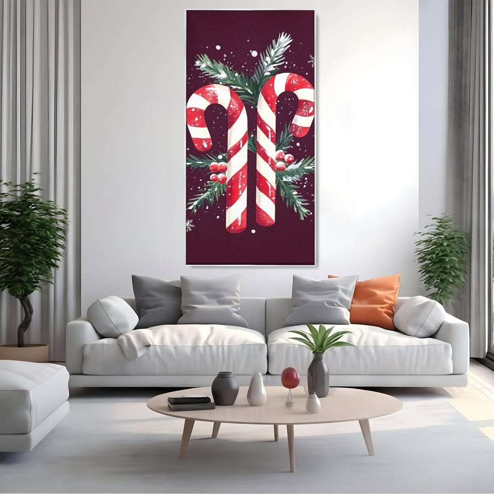 Tablou canvas cu tablou canvas cu bastonase de zahar, in rama de aluminiu argintiu, pe perete intr-un living