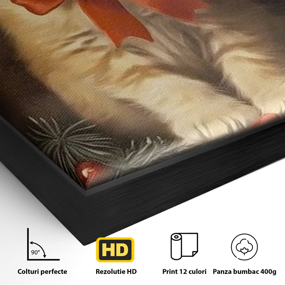 Detaliu al suprafetei: tablou canvas cu pisoi si funda rosie, in rama de aluminiu negru