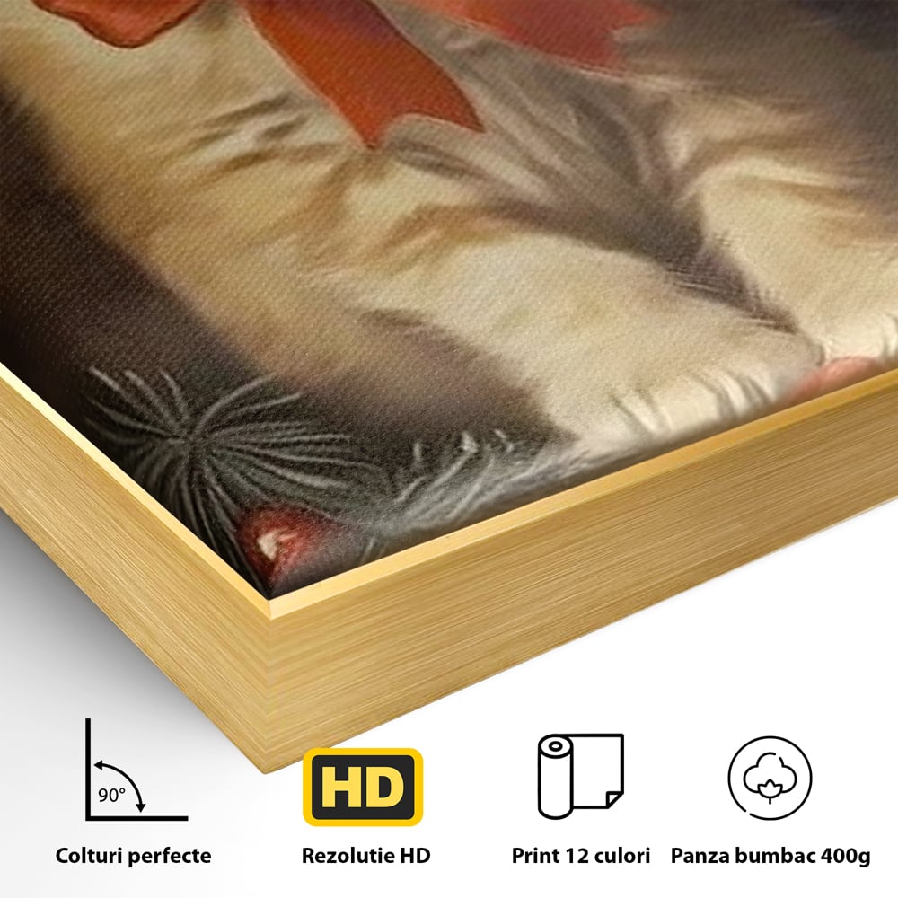 Detaliu al suprafetei: tablou canvas cu pisoi si funda rosie, in rama de aluminiu auriu