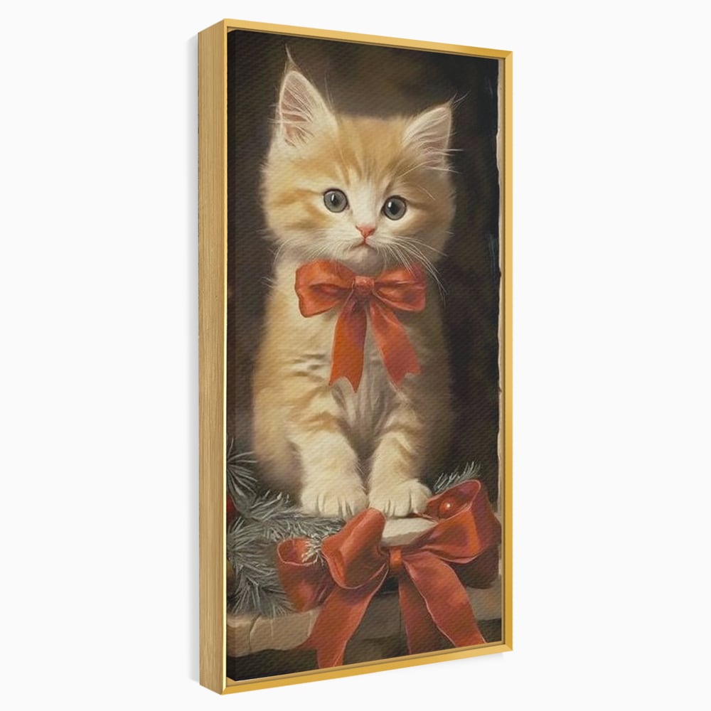 Tablou canvas cu tablou canvas cu pisoi si funda rosie, in rama de aluminiu auriu