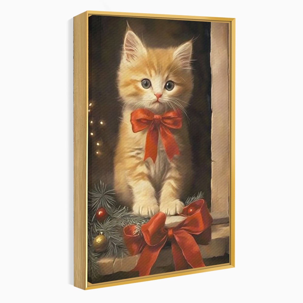 Tablou canvas cu tablou canvas cu pisoi si funda rosie, in rama de aluminiu auriu