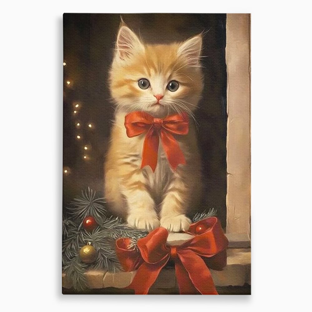 Tablou canvas cu tablou canvas cu pisoi si funda rosie, fara rama, pe sasiu de lemn