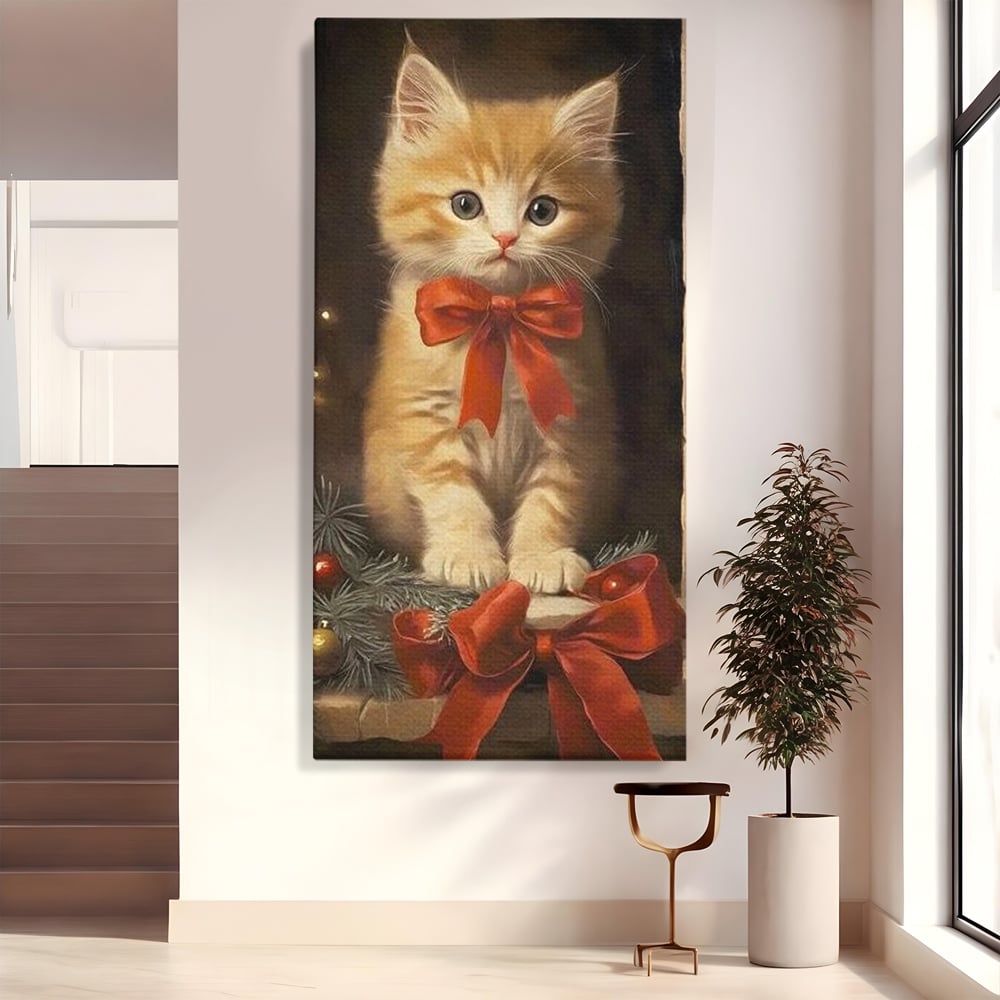 Tablou canvas cu tablou canvas cu pisoi si funda rosie, fara rama, pe sasiu de lemn