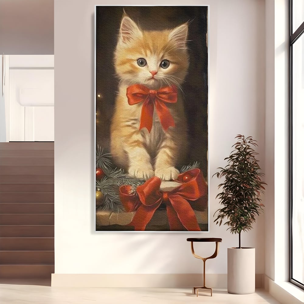Tablou canvas cu tablou canvas cu pisoi si funda rosie, in rama de aluminiu argintiu
