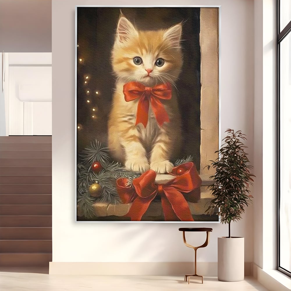 Tablou canvas cu tablou canvas cu pisoi si funda rosie, in rama de aluminiu argintiu