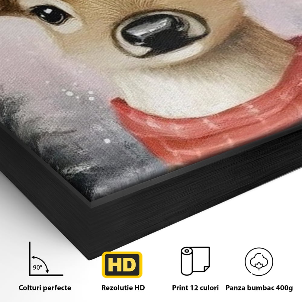 Detaliu al suprafetei: tablou canvas cu ren festiv, in rama de aluminiu negru