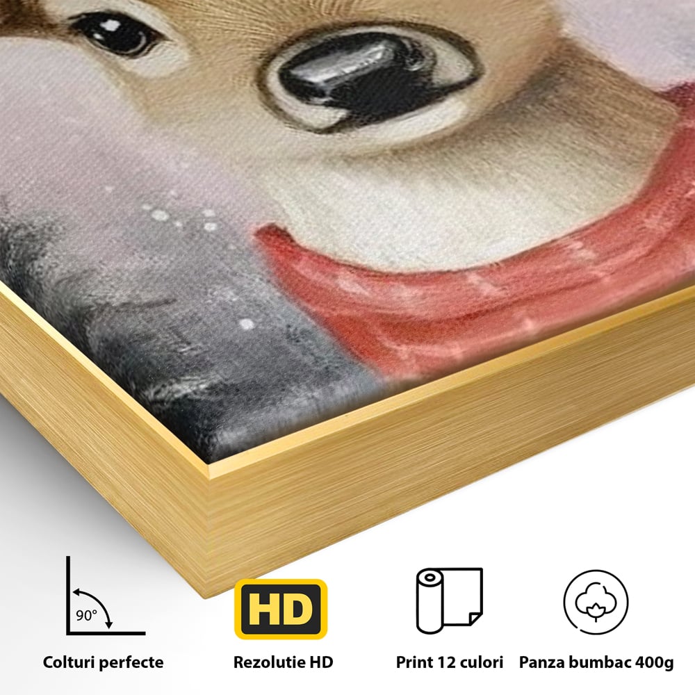 Detaliu al suprafetei: tablou canvas cu ren festiv, in rama de aluminiu auriu