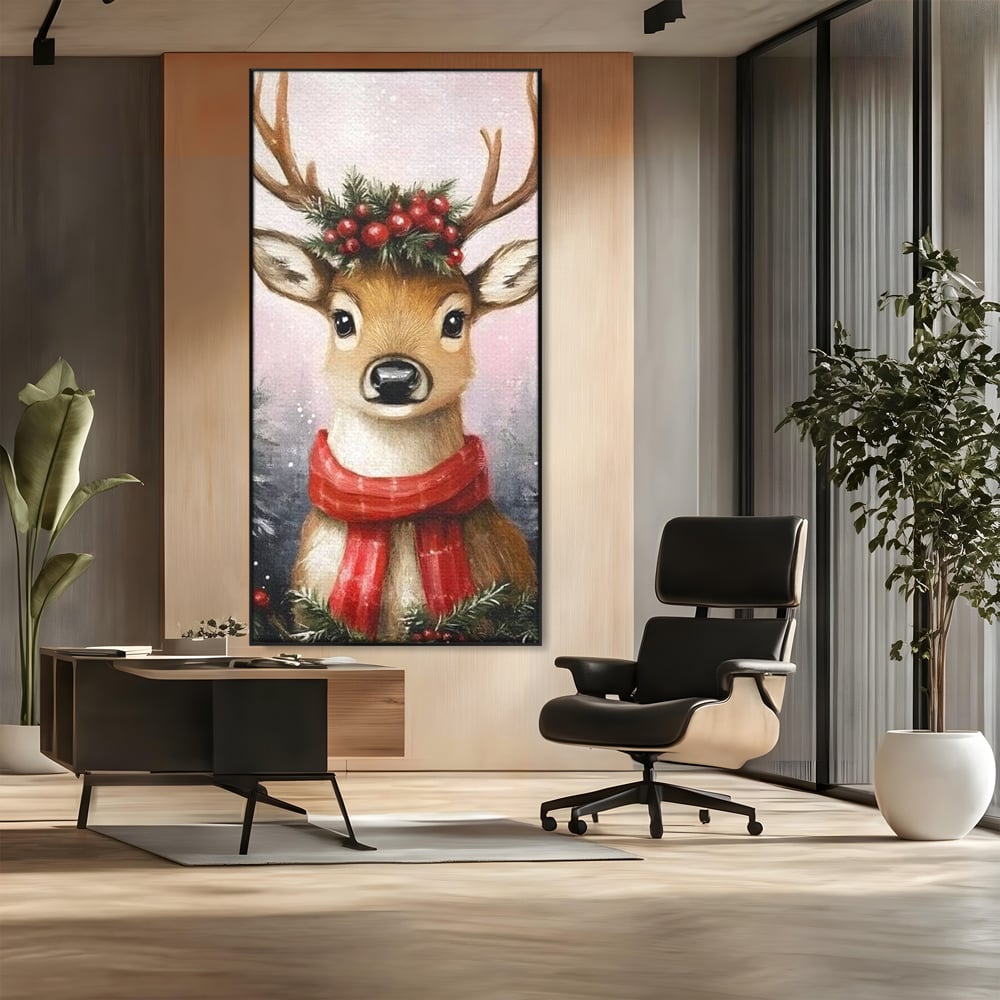 Tablou canvas cu tablou canvas cu ren festiv, in rama de aluminiu negru, pe perete intr-un birou