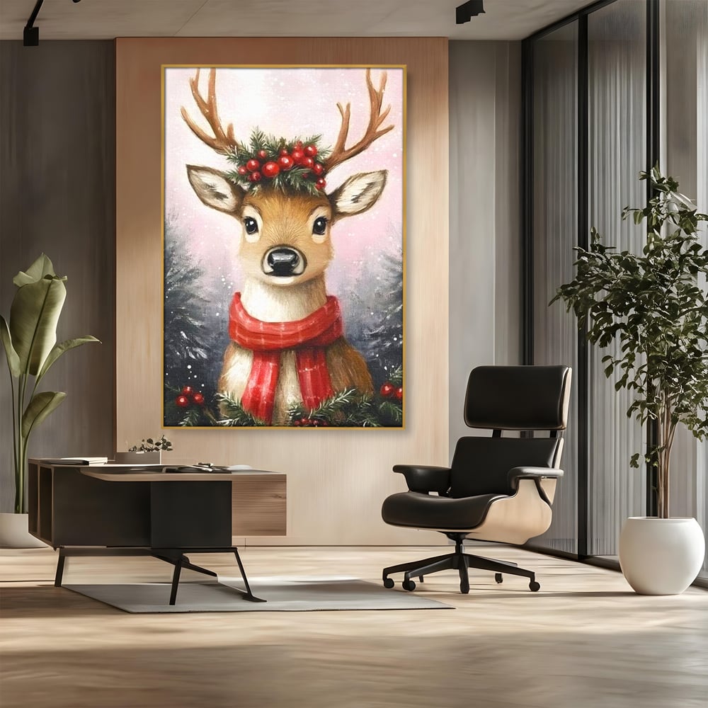 Tablou canvas cu tablou canvas cu ren festiv, in rama de aluminiu auriu, pe perete intr-un birou
