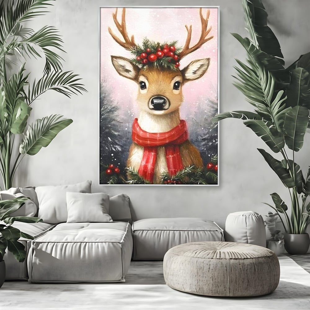 Tablou canvas cu tablou canvas cu ren festiv, in rama de aluminiu argintiu, pe perete intr-un living