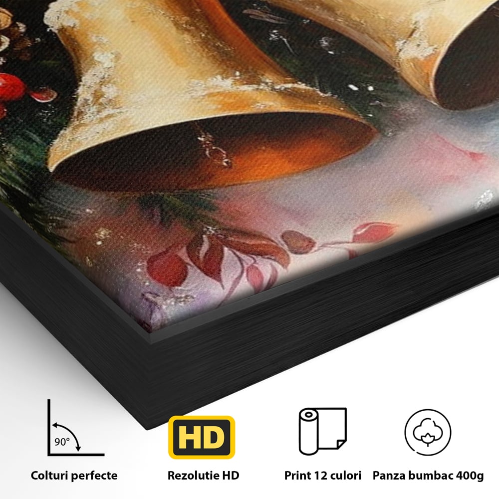Detaliu al suprafetei: tablou canvas cu clopotei aurii si conuri, in rama de aluminiu negru
