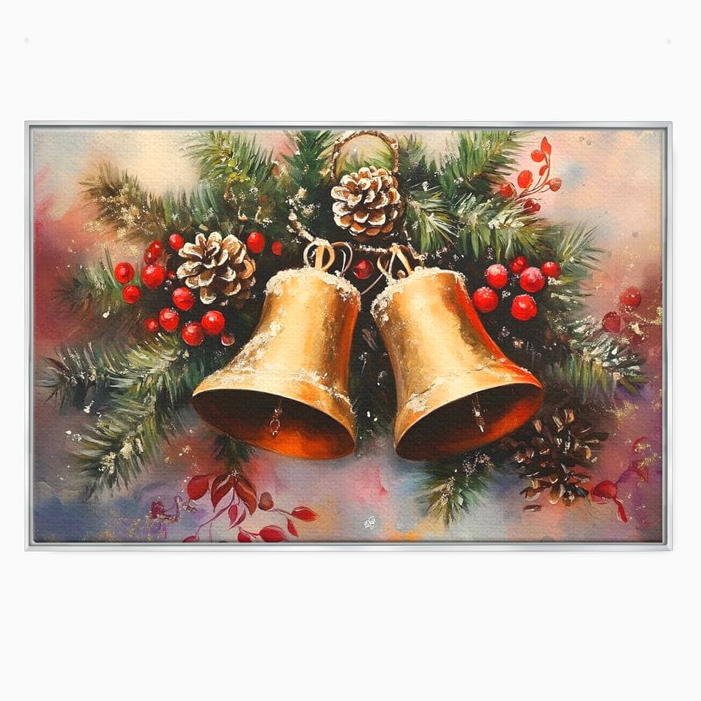 Tablou canvas cu tablou canvas cu clopotei aurii si conuri, in rama de aluminiu argintiu