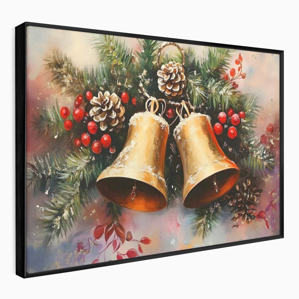 Tablou canvas cu tablou canvas cu clopotei aurii si conuri, in rama de aluminiu negru