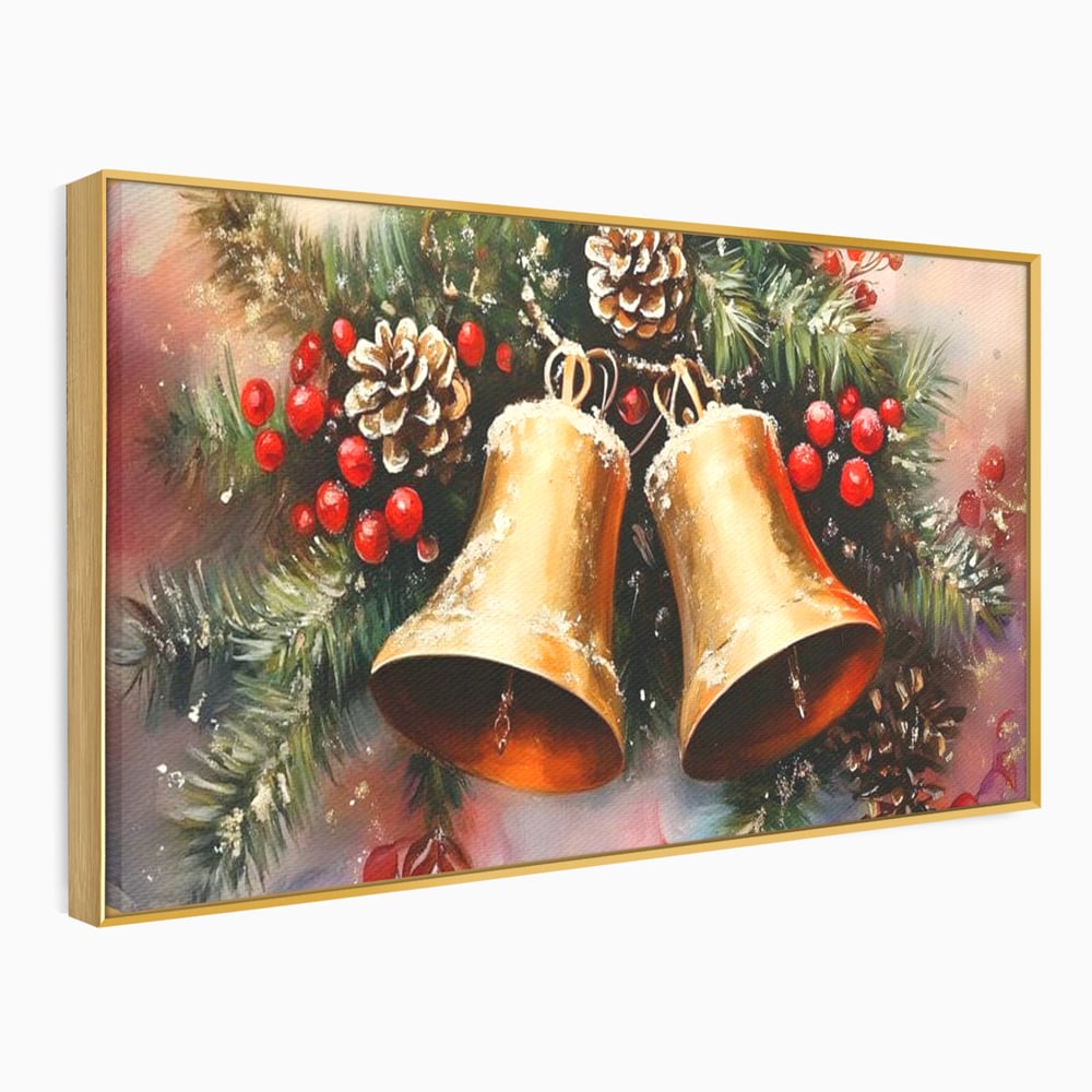 Tablou canvas cu tablou canvas cu clopotei aurii si conuri, in rama de aluminiu auriu
