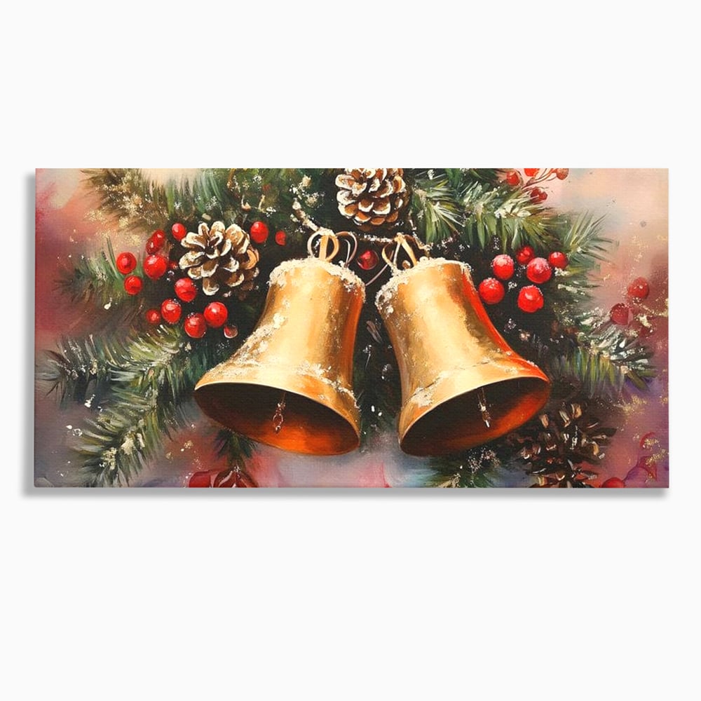 Tablou canvas cu tablou canvas cu clopotei aurii si conuri, fara rama, pe sasiu de lemn
