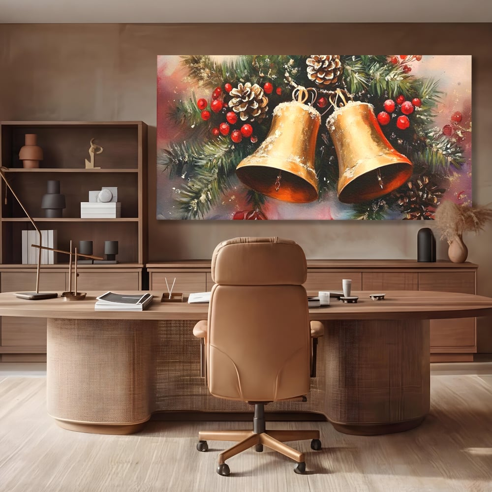 Tablou canvas cu tablou canvas cu clopotei aurii si conuri, fara rama, pe sasiu de lemn, pe perete intr-un birou
