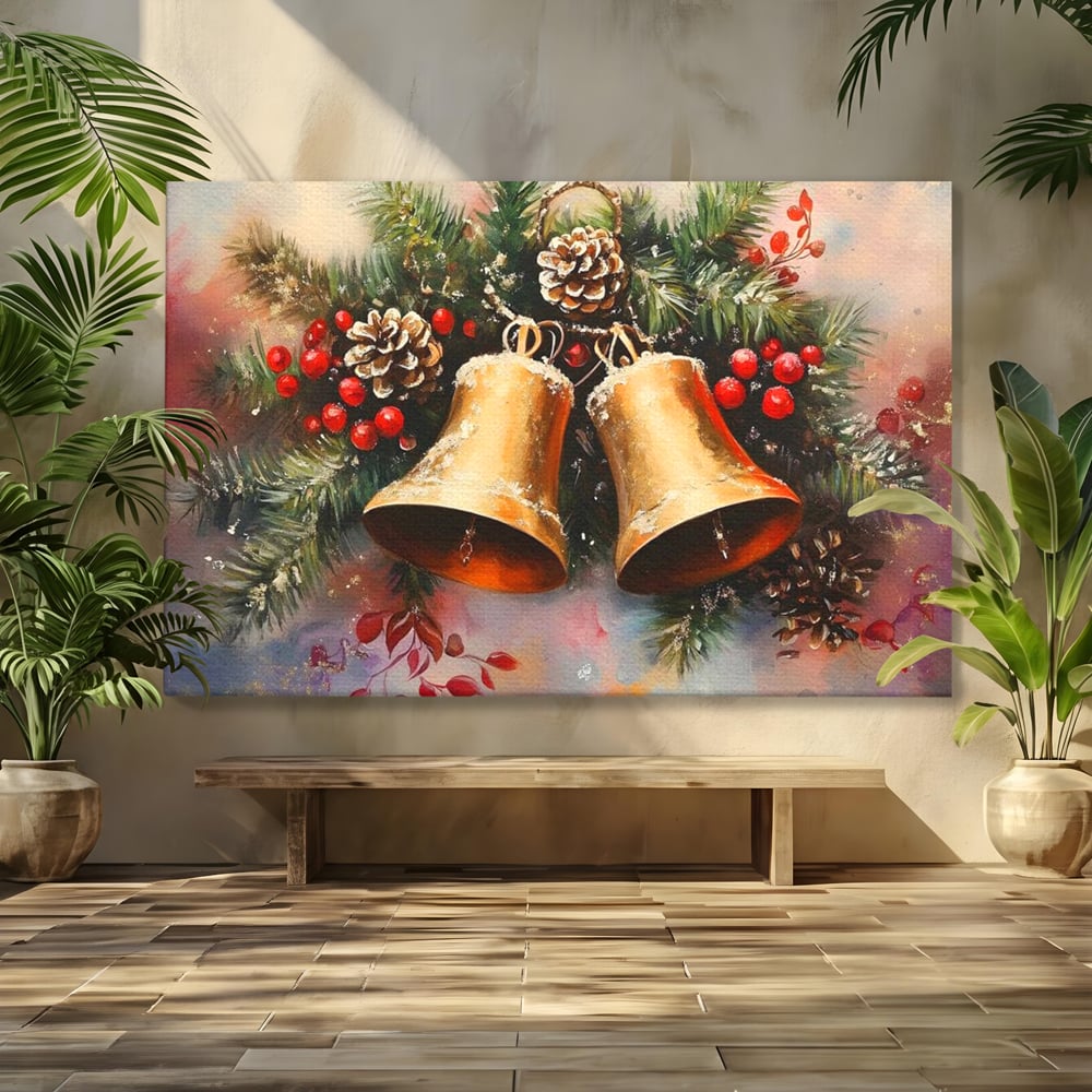 Tablou canvas cu tablou canvas cu clopotei aurii si conuri, fara rama, pe sasiu de lemn