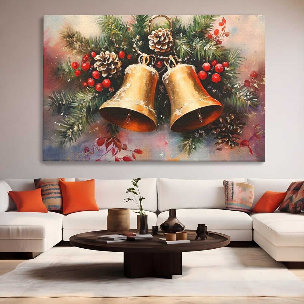 Tablou canvas cu tablou canvas cu clopotei aurii si conuri, fara rama, pe sasiu de lemn, pe perete intr-un living